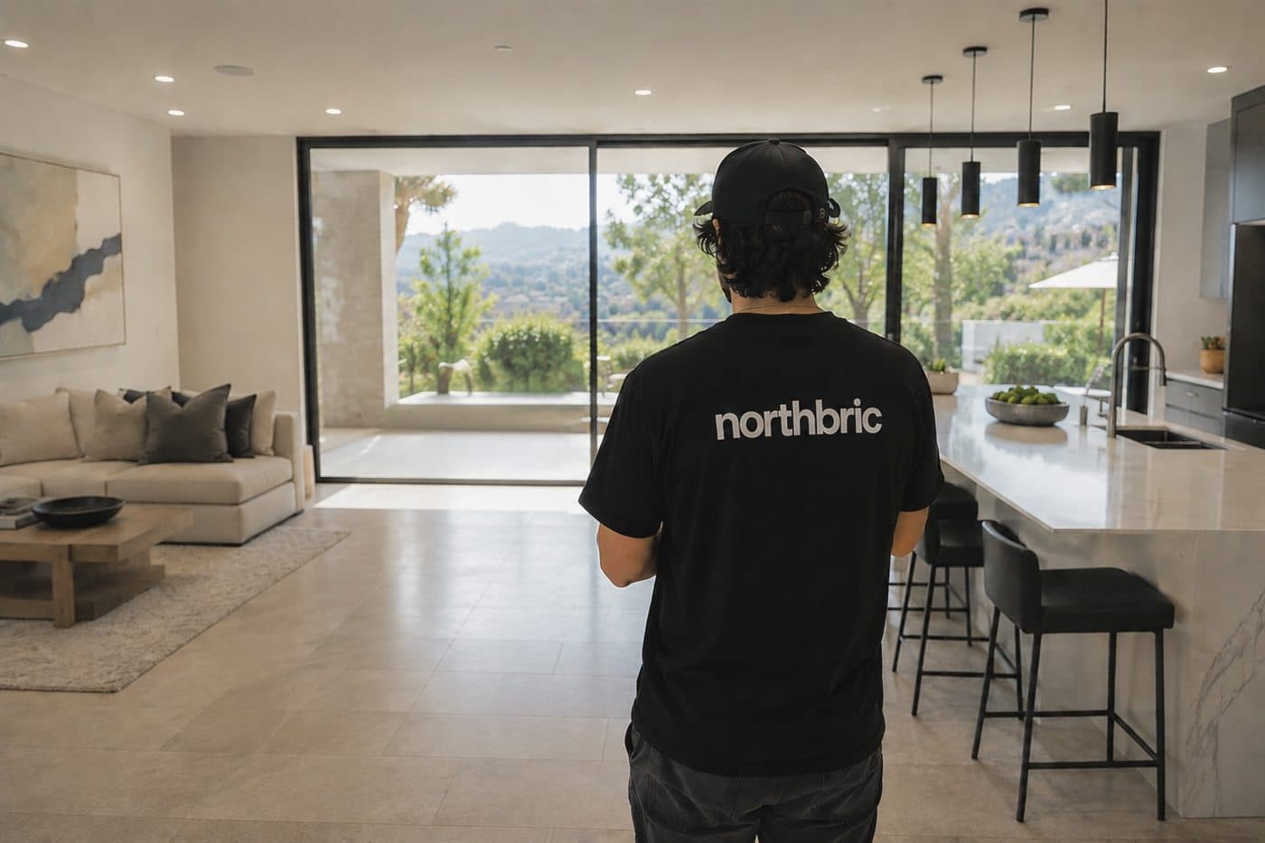A NorthBric team member in a branded tee inside a modern California home